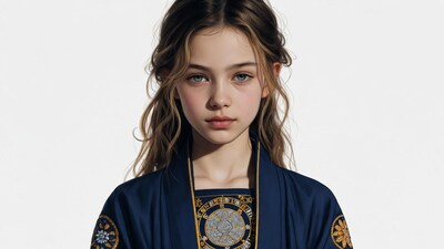Girl in navy embroidered robe