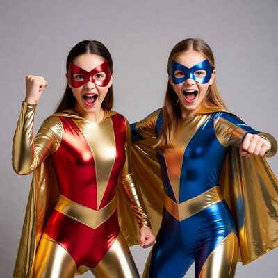 Two girls in red and blue superhero costumes