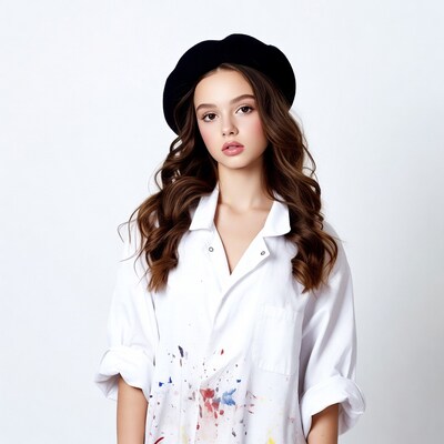 Girl in paint-splattered shirt and beret