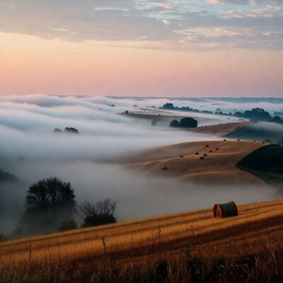 Hay bales in foggy rolling hills
