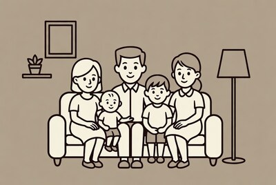 Happy family sitting on sofa illustration