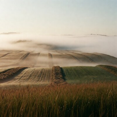 Foggy Farm Fields at Sunrise