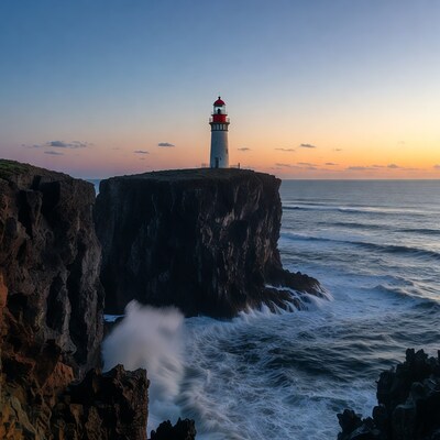 White lighthouse on cliff at sunset