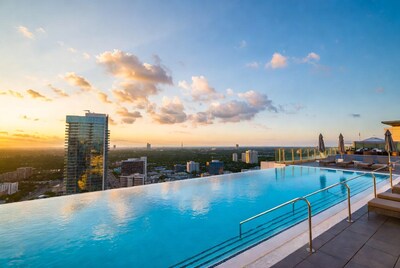 Infinity Pool Over City Skyline at Sunset