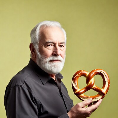 Elderly man holding pretzel
