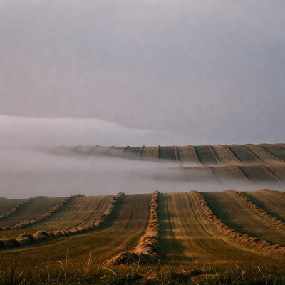 Hay bales in misty rolling fields