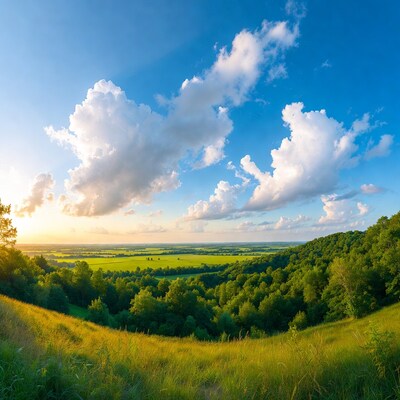 Sunset over green fields and hills
