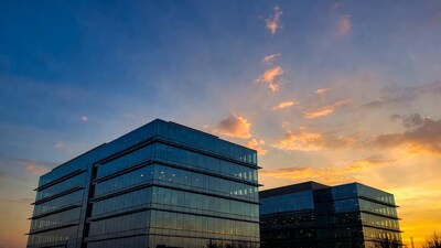 Glass Office Buildings at Sunset