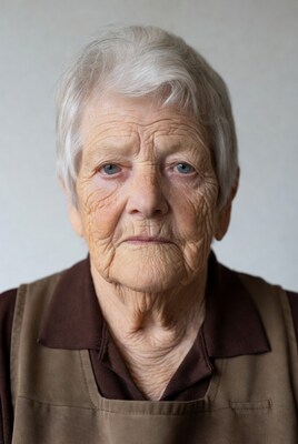 Elderly woman in brown apron