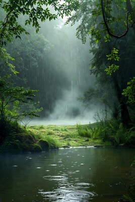 Rainy Forest with Misty Pond