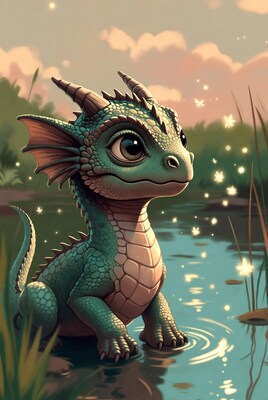 Cute baby dragon by pond
