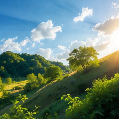 Sunny Green Hillside Landscape with Sun Rays