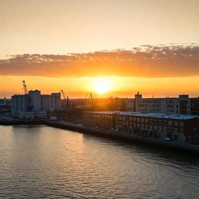 Sunset over harbor cranes and warehouses