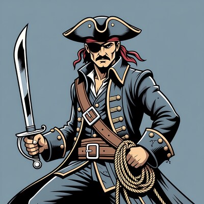 Cartoon pirate holding sword and rope