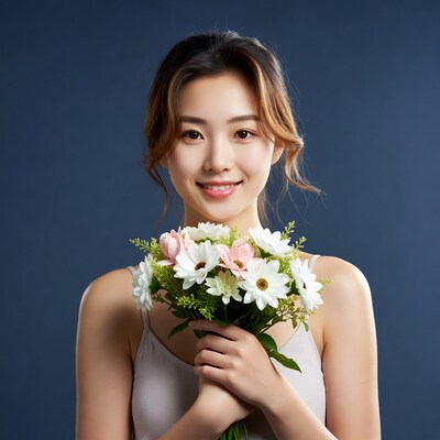 Asian woman holding white flowers