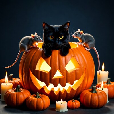 Black Cat with Mice in Jack-o'-lantern