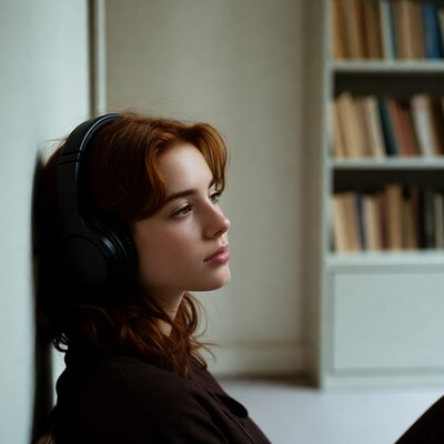 Redhead woman with headphones by bookshelf