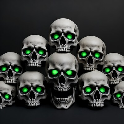 Skulls with Glowing Green Eyes