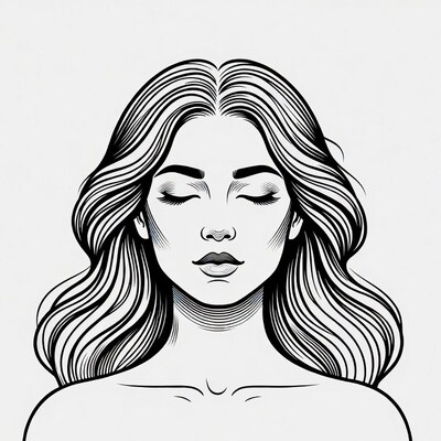 Woman with flowing hair line art