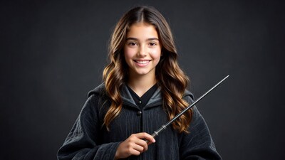 Girl in wizard robe holding wand