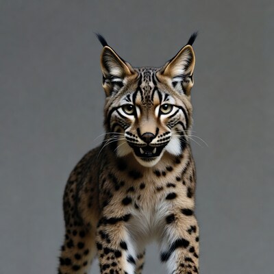 Lynx growling on gray background