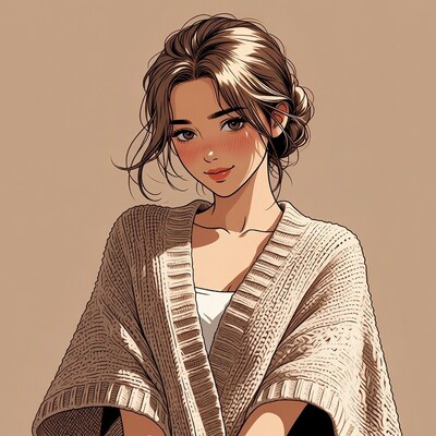 Asian woman in beige cardigan illustration