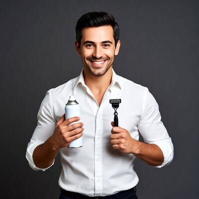 Man holding shaving cream and razor