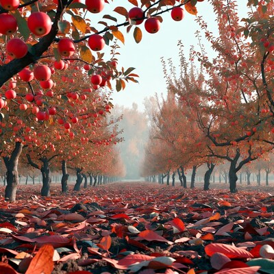 Red Apples on Autumn Orchard Trees