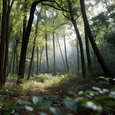 Sunlit Forest Path with Tall Trees