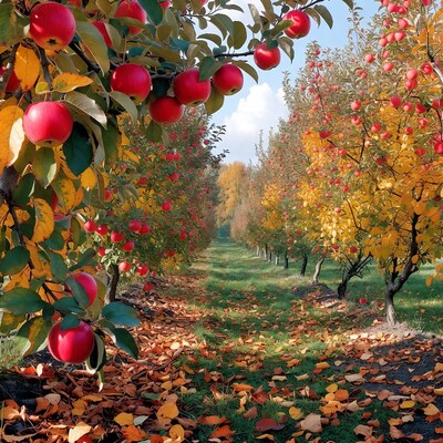 Red Apples in Autumn Orchard Path