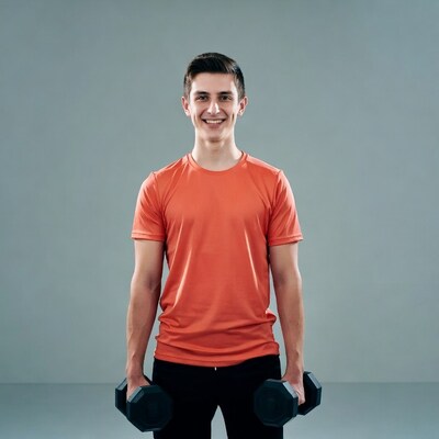 Young man holding dumbbells