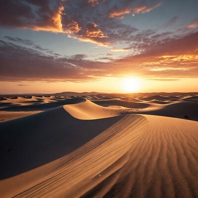 Sunset over desert sand dunes