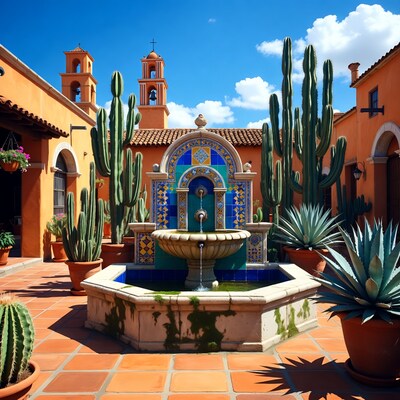 Mexican Courtyard Fountain with Cacti