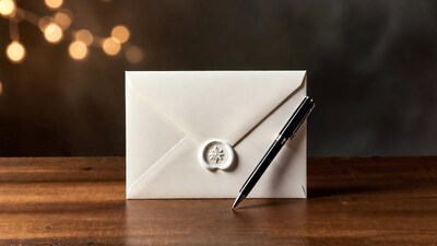 White envelope with wax seal and pen