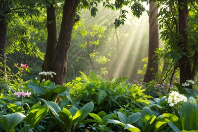 Sunlight rays in lush green forest