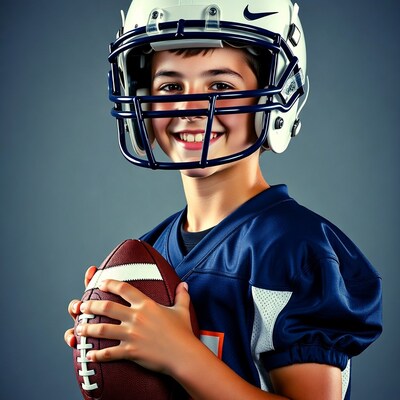 Boy in football helmet holding ball