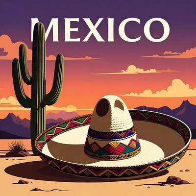Mexico Sombrero Cactus Sunset Illustration