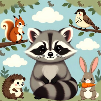 Cute Raccoon with Forest Animals Illustration