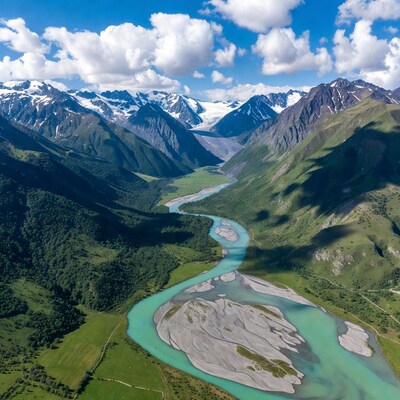 Turquoise River in Snowy Mountain Valley