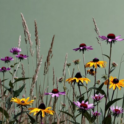 Colorful Echinacea Flowers with Grasses