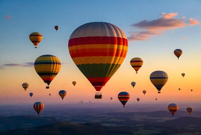 Hot air balloons over sunset landscape