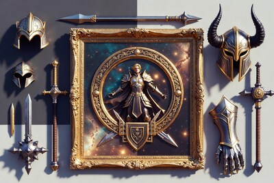 Armored Warrior in Ornate Frame with Weapons