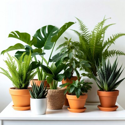 Variety of houseplants in terracotta pots