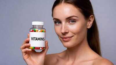 Woman holding vitamins bottle