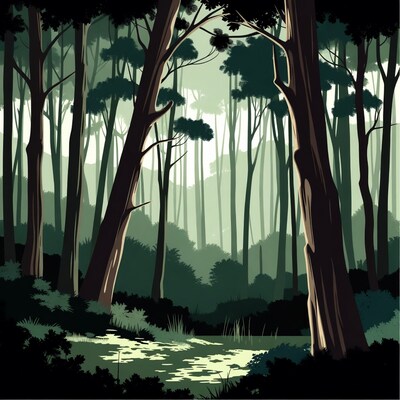 Misty Forest with Pond Illustration