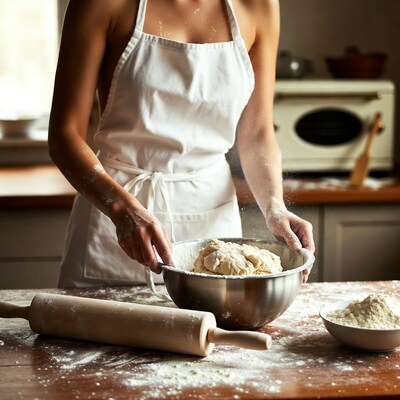 Woman kneading dough in apron