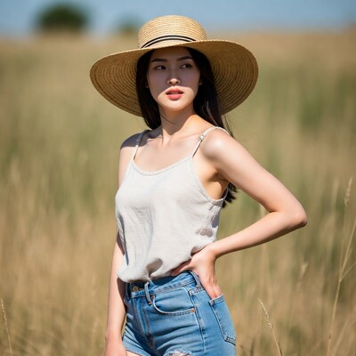 Asian woman in straw hat in grass field