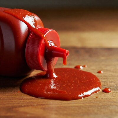 Ketchup Bottle Pouring onto Wooden Table
