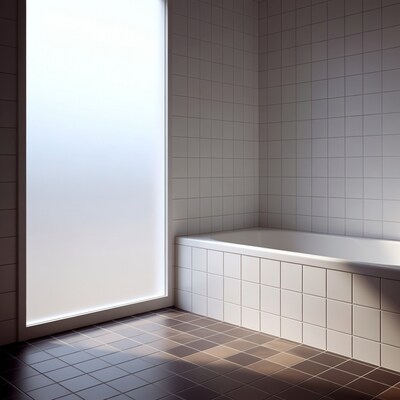 Modern white bathtub in tiled bathroom