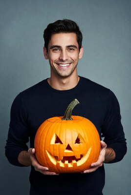 Man holding jack-o-lantern pumpkin